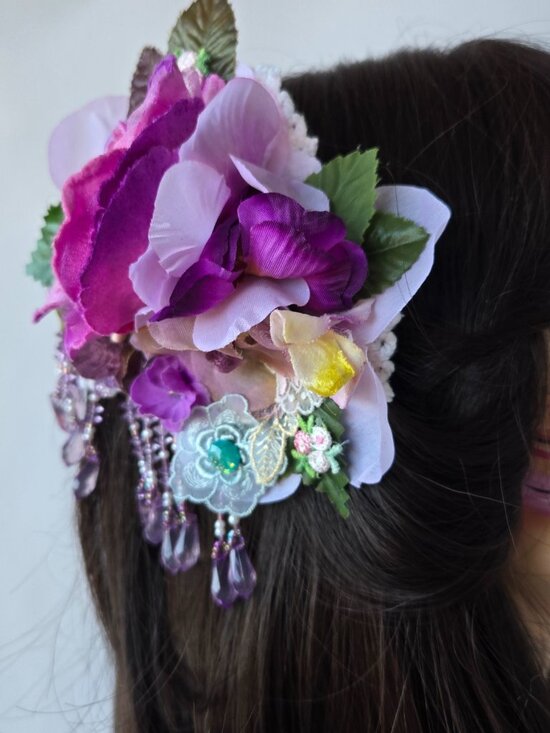 Handmade Velvet Rose Hair Clip Beaded Fringe Flapper Style Dollette Fairycore main image 10